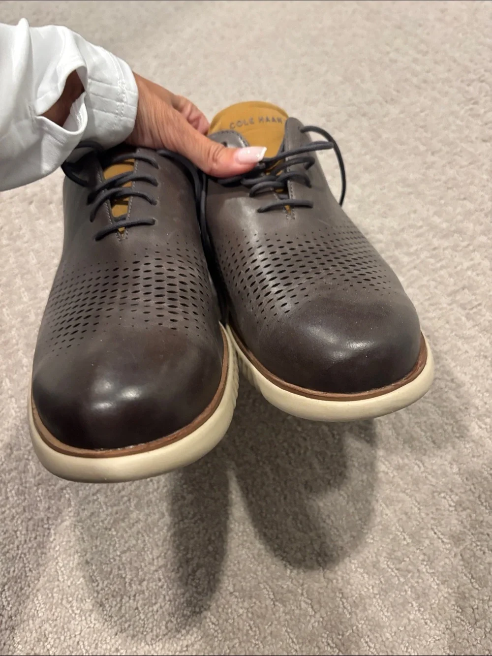 Cole Haan Dark Brown Perforated Leather Derby Oxfords with Tan Lining